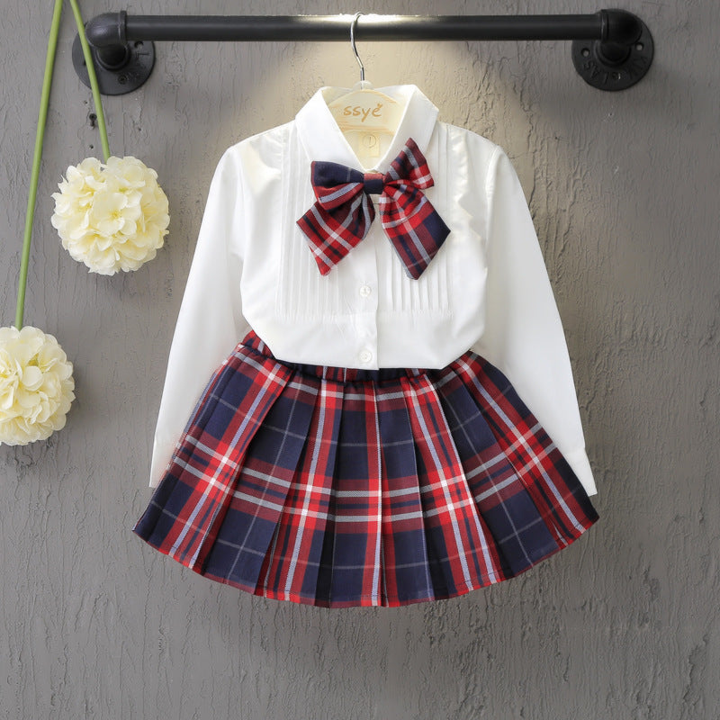 Girls' Long-Sleeve Shirt & Plaid Skirt Set | Red Plaid | Ages 3–8