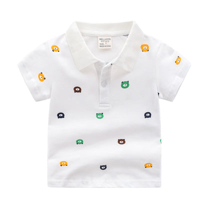 Boys Cartoon Print Cotton Polo Shirt | Kids Short Sleeve Tee