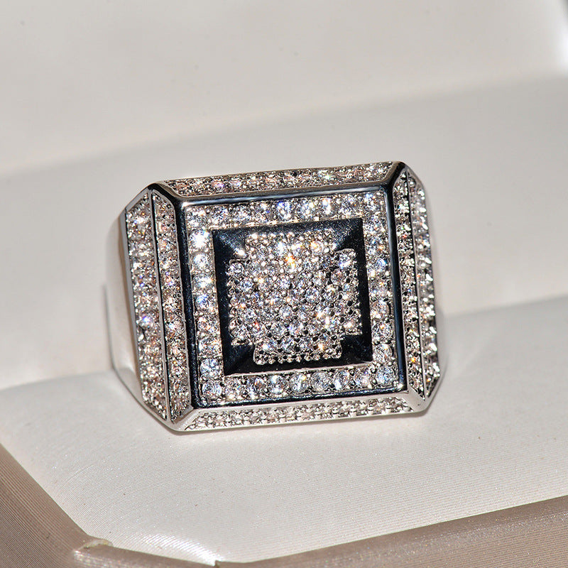 Men's Copper AAA Zircon Square Ring – Micro Pavé Geometric Gold & Silver Band