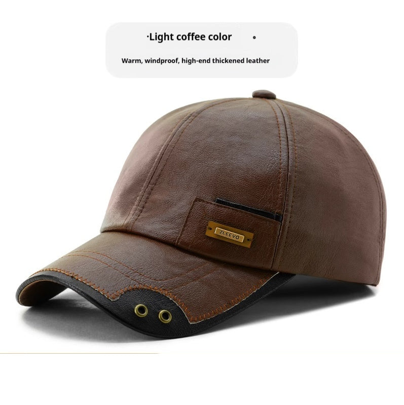 Faux Leather Fleece-Lined Baseball Cap - Warm Winter Cap