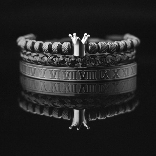 Roman Numeral Crown Bracelet Set | Stainless Steel Woven Punk Bracelet