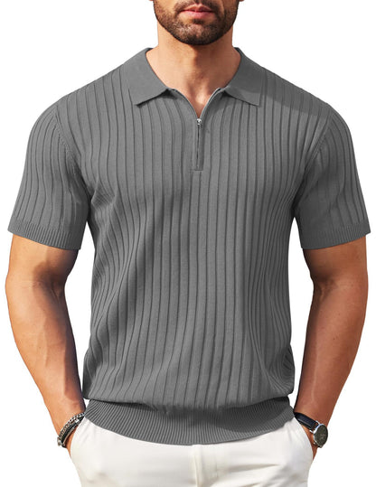 Men's Zip-Up Rib-Knit Polo Shirt | Slim Fit | S–5XL