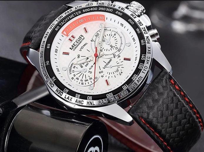 Men's Leather Strap Quartz Watch | 43mm, 3 ATM Water Resistant