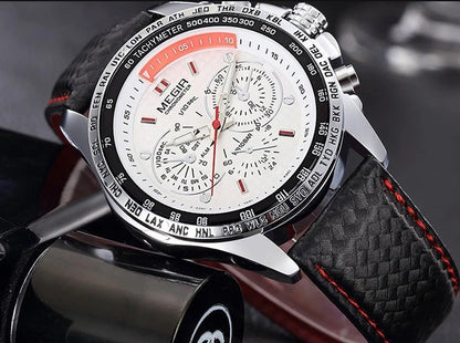 Men's Leather Strap Quartz Watch | 43mm, 3 ATM Water Resistant