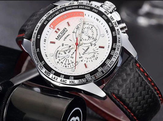 Men's Leather Strap Quartz Watch | 43mm, 3 ATM Water Resistant