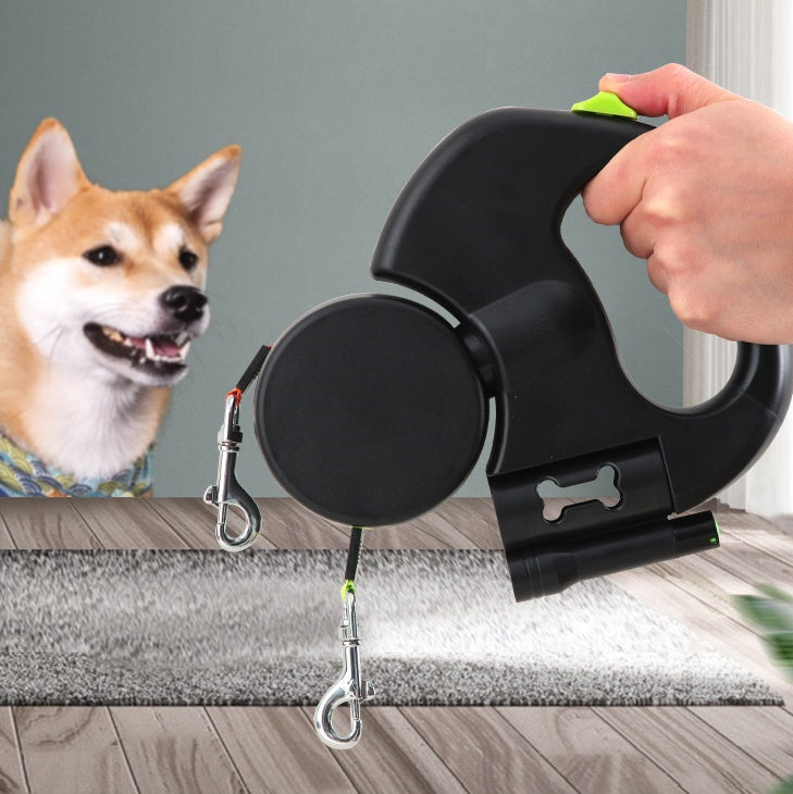 Dual Retractable Dog Lead | 3m Two-Dog Leash with Torch & Poop Bag Holder