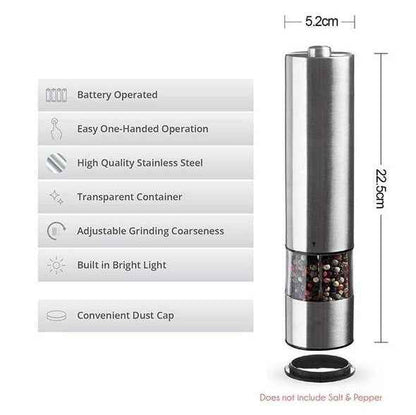 Electric Stainless Steel Pepper & Salt Grinder – One-Touch Mill for Kitchen, BBQ & Dining