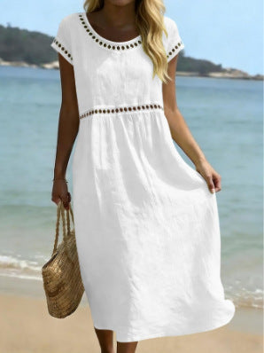 Women's Cotton-Linen A-Line Dress with Embroidered Lace Trim