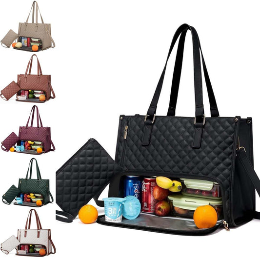Women's Quilted Tote Bag | Insulated Lunch Compartment & Wallet