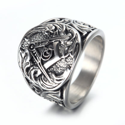 Men's Titanium Steel Vintage Masonic Ring – Electroplated Geometric Band Gold & Silver