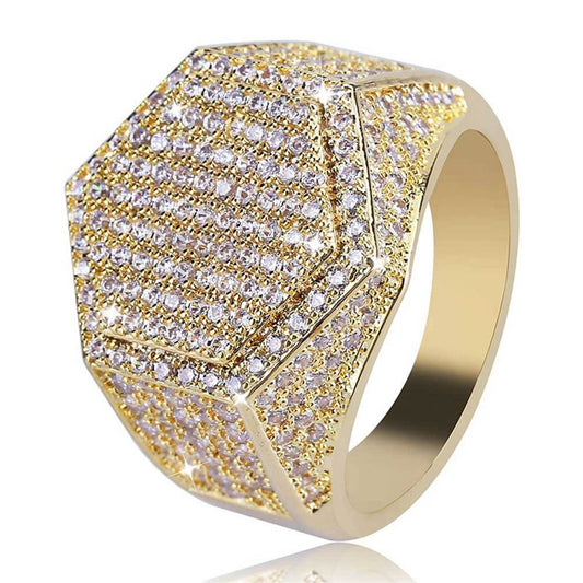 Men's Hip Hop Micro Pavé CZ Square Ring – Gold & Silver Iced Out Band