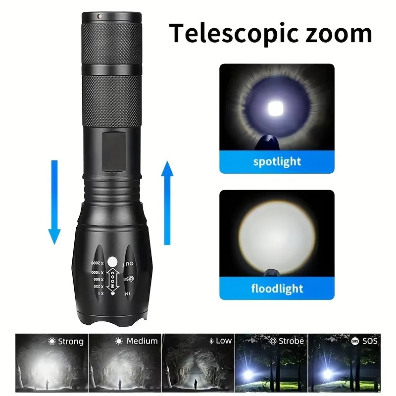CREE XM-L LED Tactical Flashlight – 5-Mode Zoomable Torch Military-Grade Aluminium
