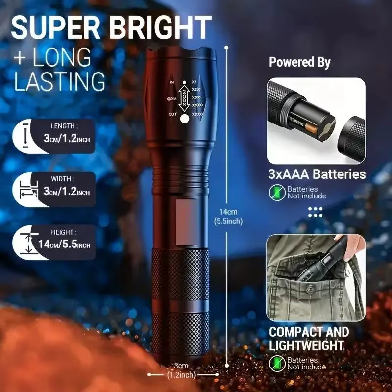 CREE XM-L LED Tactical Flashlight – 5-Mode Zoomable Torch Military-Grade Aluminium