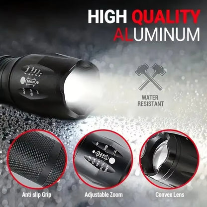 CREE XM-L LED Tactical Flashlight – 5-Mode Zoomable Torch Military-Grade Aluminium