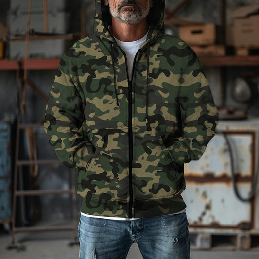 Men's Camo Hooded Cardigan Jacket – Cotton-Lined | XS–4XL