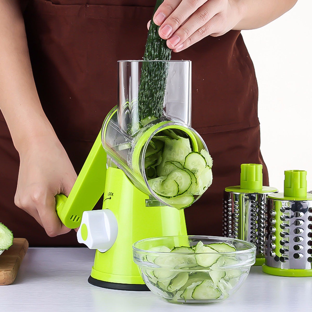 Drum Vegetable Shredder & Grater — 3-in-1 Rotary Mandoline Slicer with Suction Base