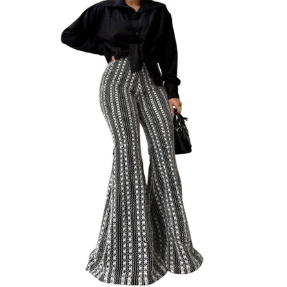Women's Striped Flare Trousers - Mid-Rise Stretch