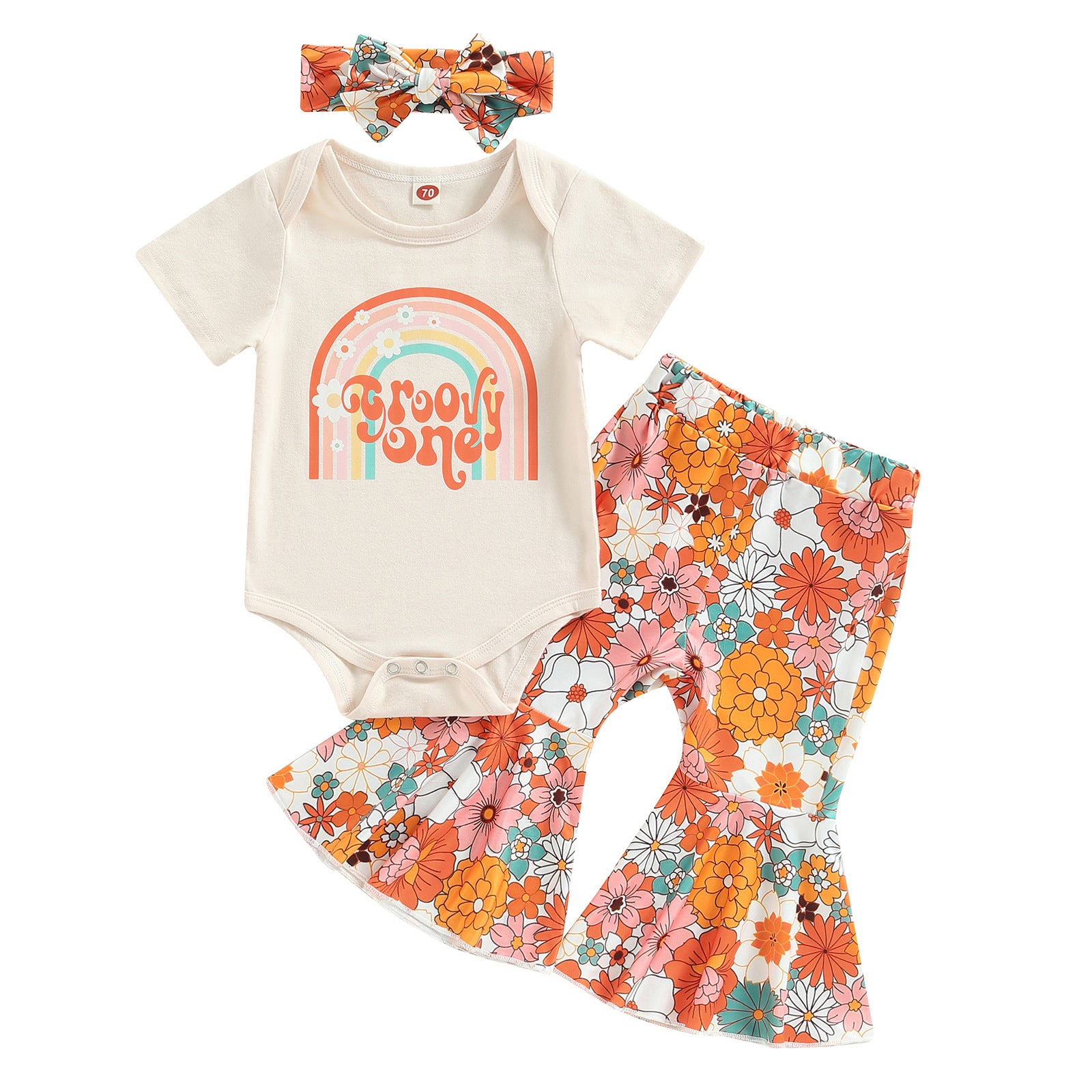 Baby Girls' Floral Romper, Bell-Bottom Pants & Headscarf Set