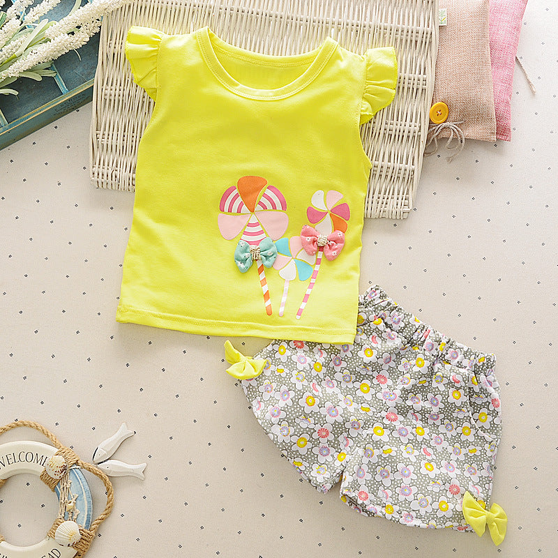 Girls' Cartoon Print Short-Sleeve Top & Shorts Set