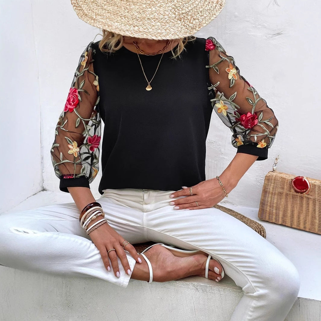 Women's Mesh Patchwork Three-Quarter Sleeve Top | Casual Commuter Polyester Shirt