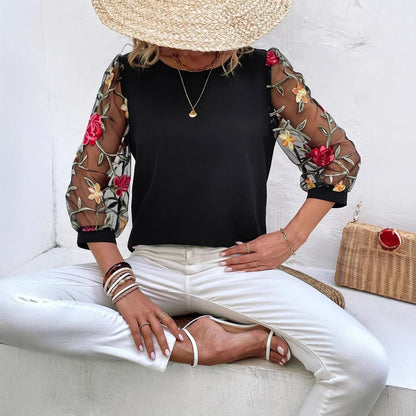 Women's Mesh Patchwork Three-Quarter Sleeve Top | Casual Commuter Polyester Shirt