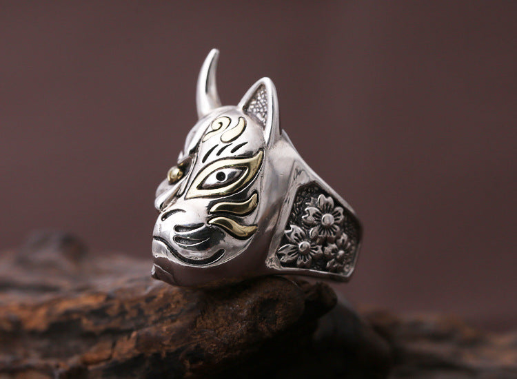 Men's S925 Sterling Silver Prajna Hannya Mask Ring – Japanese Retro Thai Silver Band