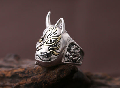 Men's S925 Sterling Silver Prajna Hannya Mask Ring – Japanese Retro Thai Silver Band