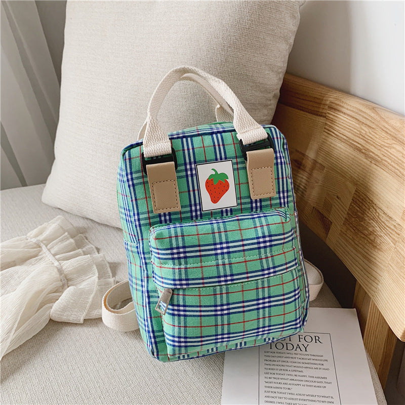 Kids' Checked Canvas Mini Backpack – Waterproof Multi-Pocket School Bag