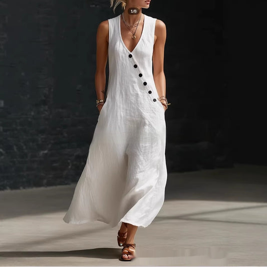 Women's Sleeveless Buttoned A-Line Linen Maxi Dress