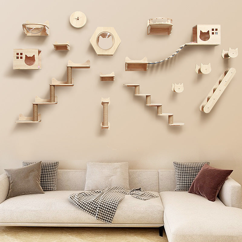 Modular Wall-Mounted Cat Climbing Frame – Solid Wood Shelves & Platforms