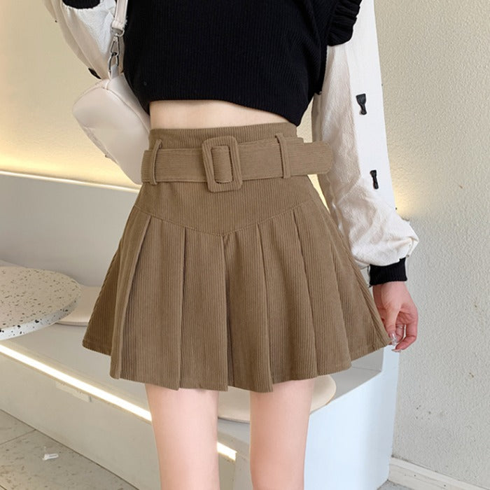 Women's Corduroy A-Line Mini Skirt - Pleated Spliced Autumn Skirt