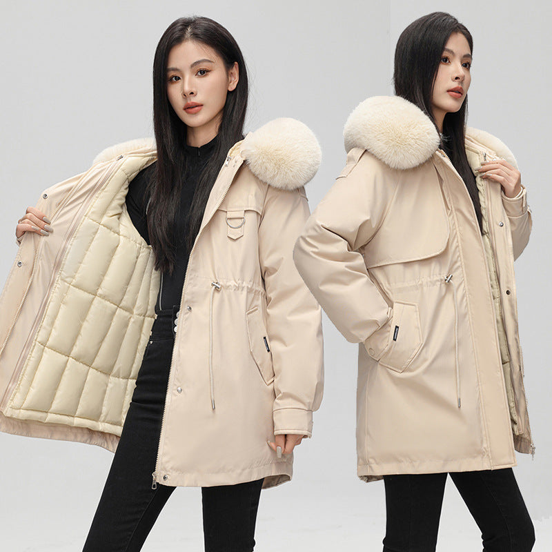 Women's Mid-Length Padded Coat with Fur Collar - 5 Colours