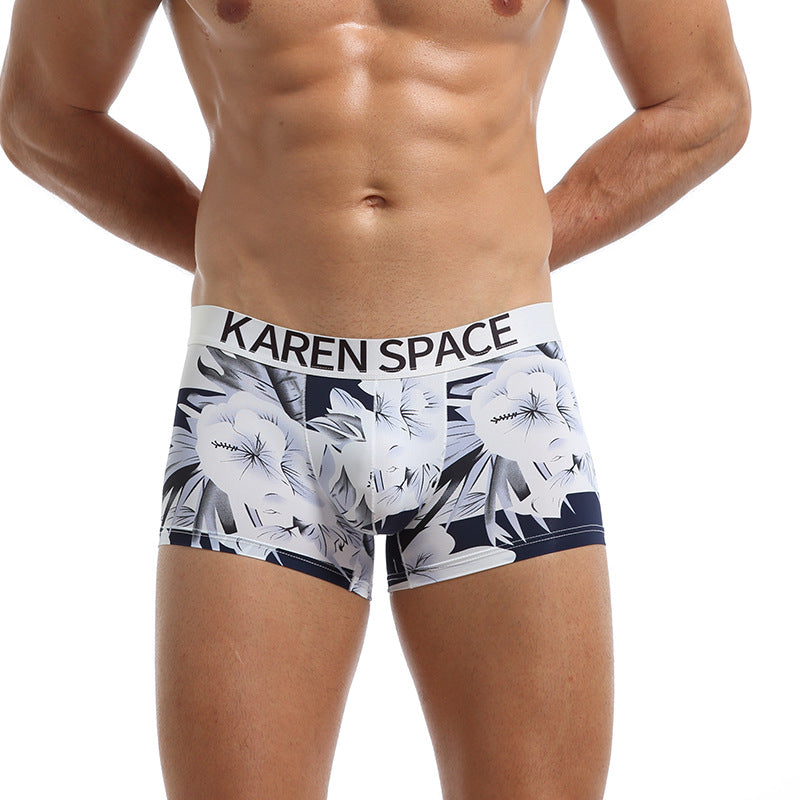 Men's Ice Silk Printed Boxer Shorts – Breathable Low-Rise Trunks