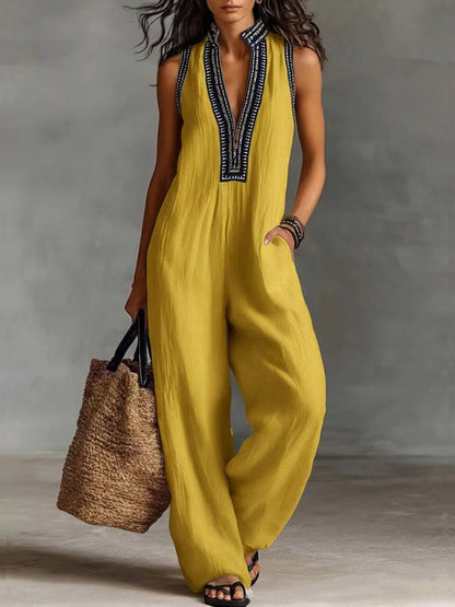 Women's Simple Linen-blend Sleeveless Jumpsuit