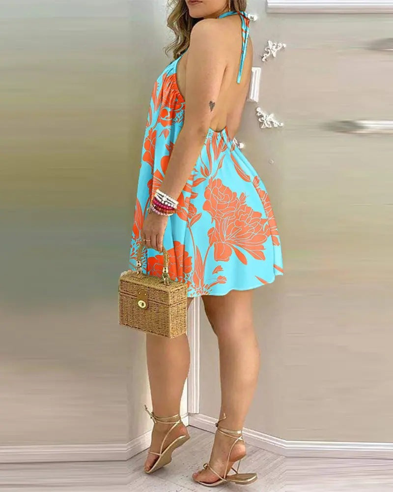 Women's 3D Print A-Line Midi Dress | Off-Shoulder Halter Summer Dress