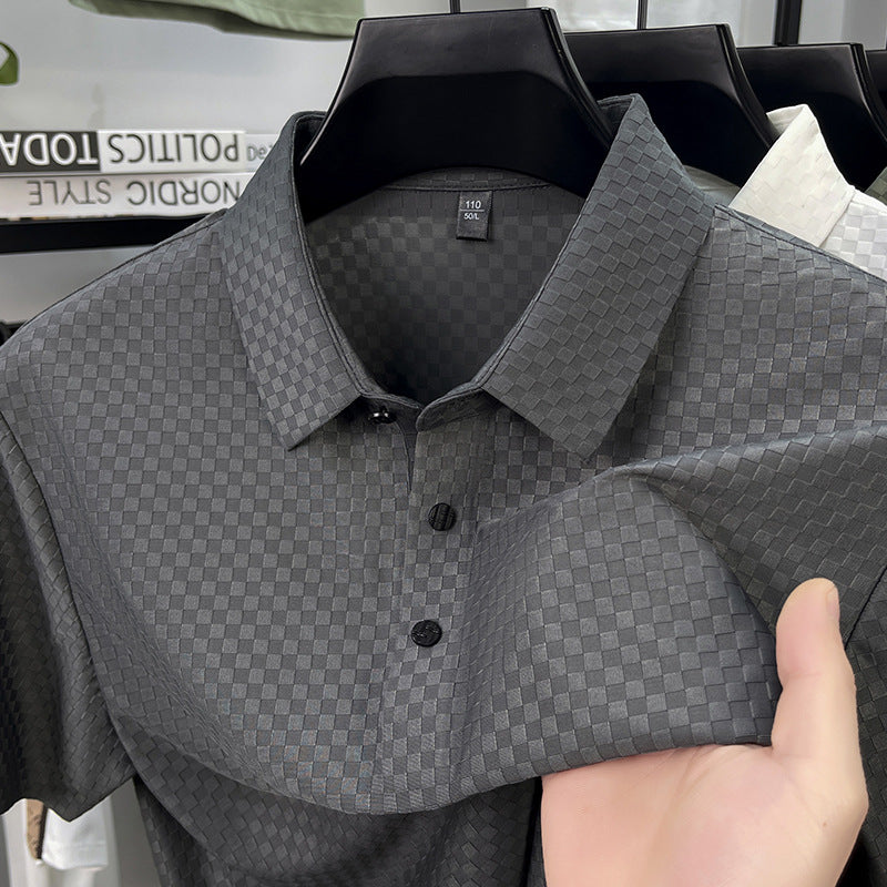 Men's Jacquard Plaid Ice Silk T-Shirt | Lapel Collar | M–4XL