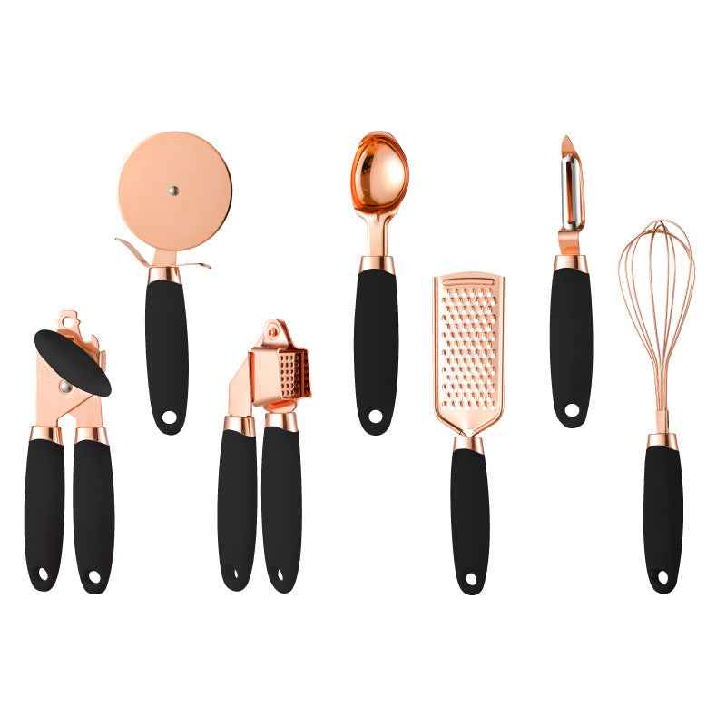 7-Piece Stainless Steel Kitchen Tool Set – Rose Gold Finish Cooking Utensils with Rack