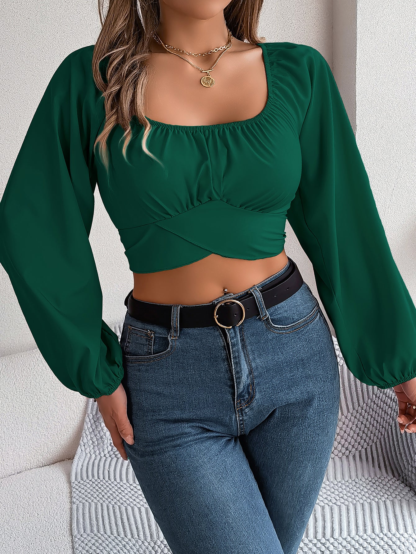 Women's Lantern Sleeve Tie-Waist Chiffon Crop Top
