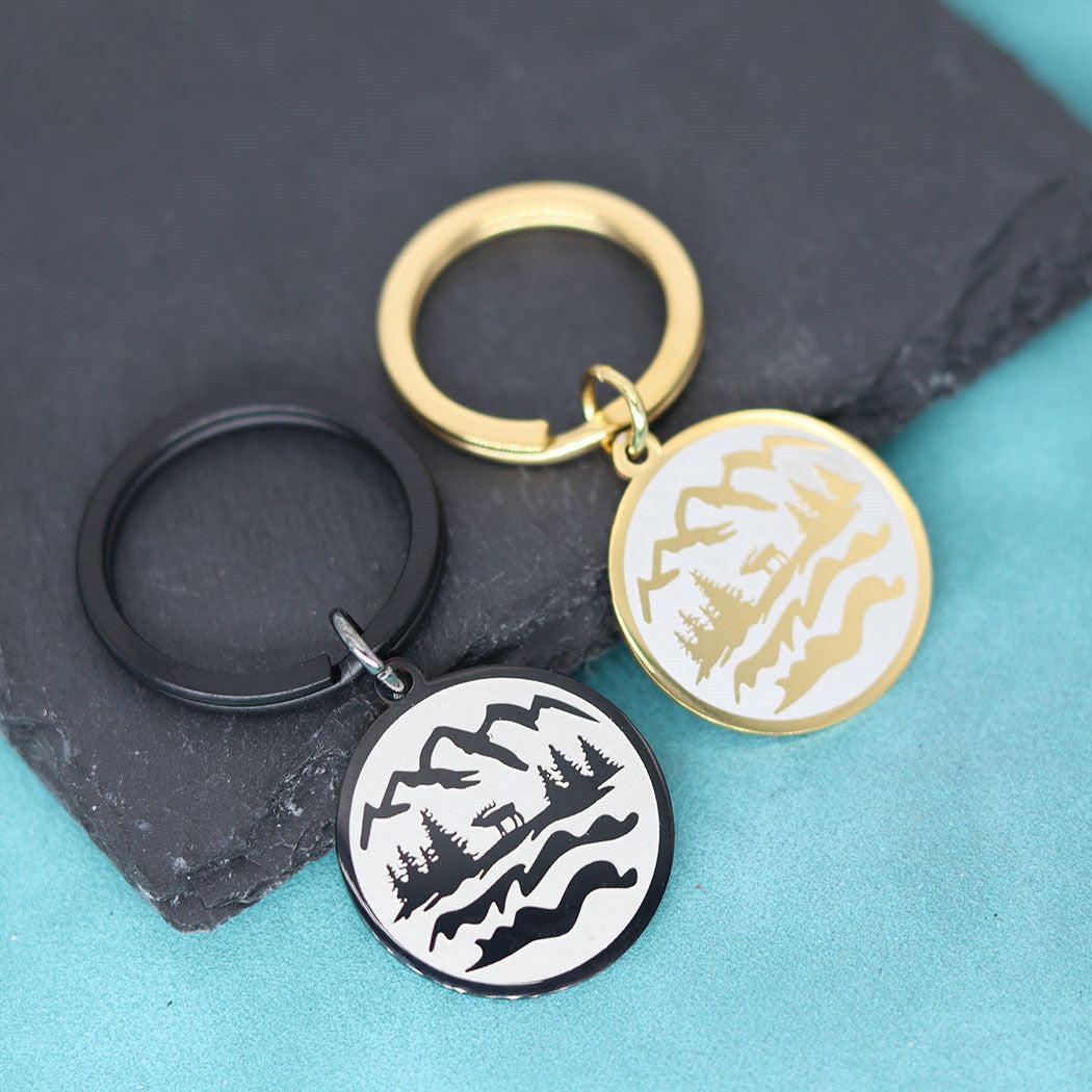Mountain Carved Stainless Steel Keyring | Gold & Black