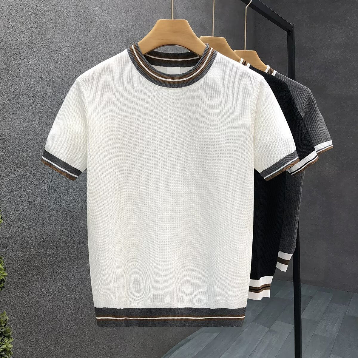 Women's Jacquard Colour-Block Knitted T-Shirt - Loose Short Sleeve