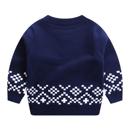 Kids Double-Layer Cotton Cartoon Print Sweater | Navy & Wine Red
