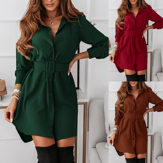 Women's Lapel Shirt Dress with Belt | Long Sleeve Midi