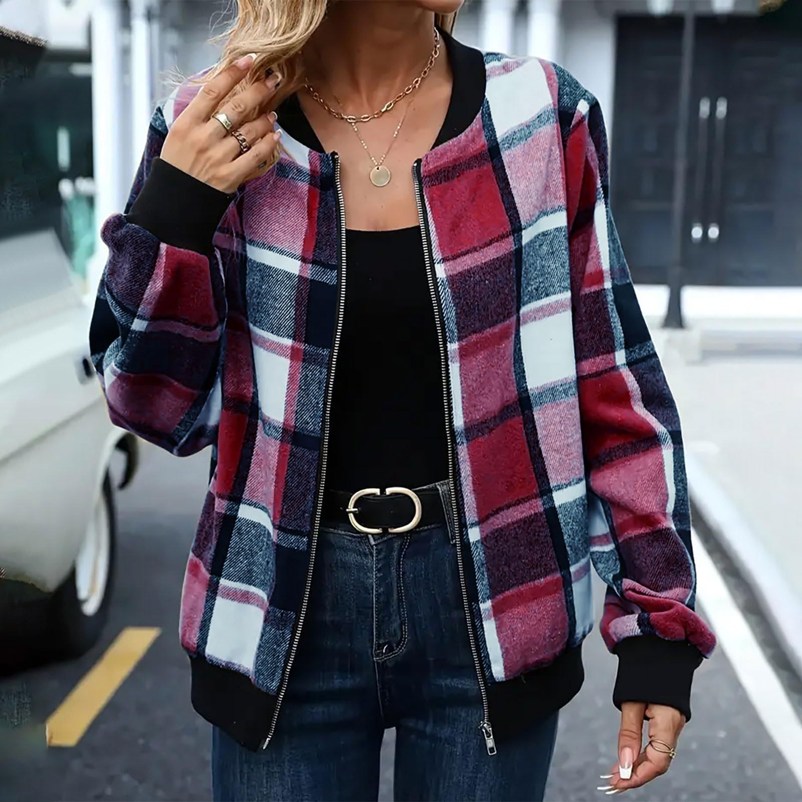 Women's Plaid Zip-Up Baseball Jacket – 8 Colours, Sizes S–XXL