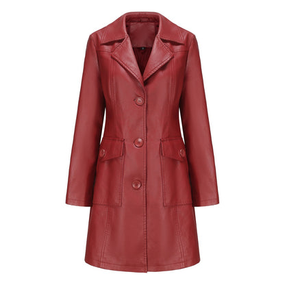 Women's Long Faux Leather Trench Coat – 4 Colours, Sizes S–3XL