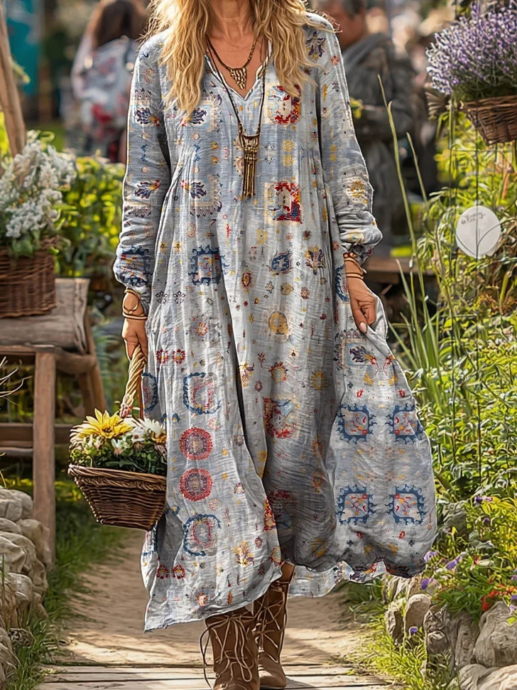 Women's 3D Print V-Neck Long Sleeve A-Line Dress