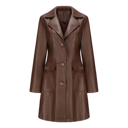 Women's Long Faux Leather Trench Coat – 4 Colours, Sizes S–3XL