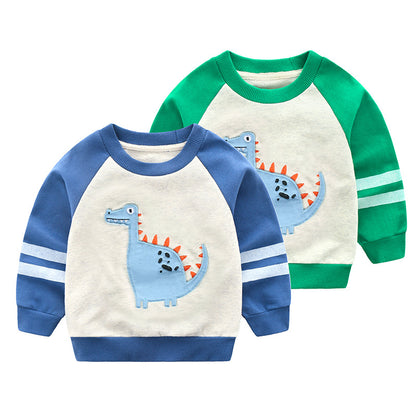 Children's Cartoon Print Cotton Pullover Sweatshirt | Boys | Green & Denim Blue