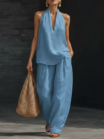 Women's Sleeveless Vest & Wide-Leg Trousers Two-Piece Set