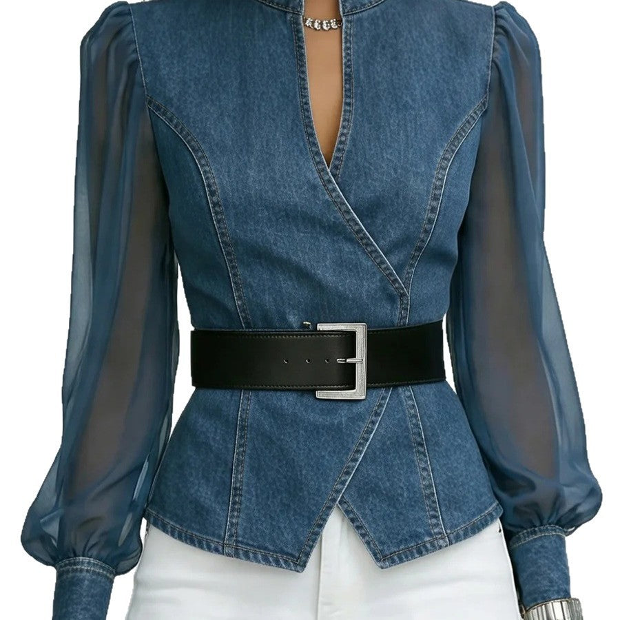 Women's Denim-Print Knitted Long-Sleeve Pullover Top