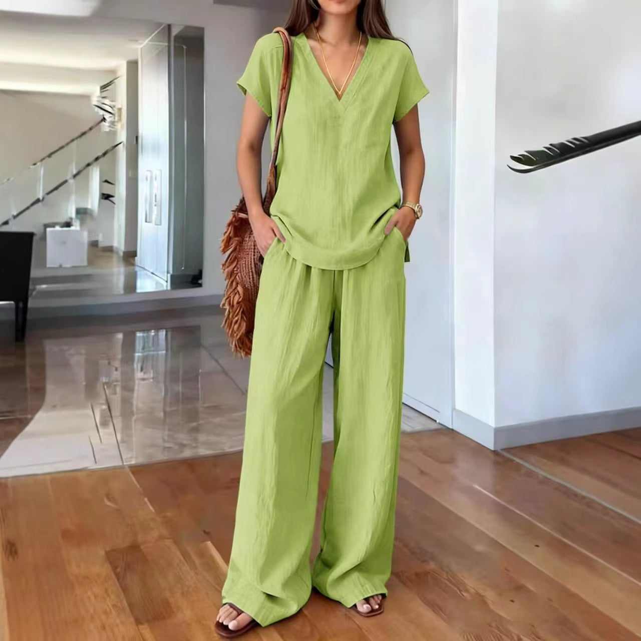 Women's V-Neck Short Sleeve Top and Wide-Leg Pants Co-ord Set